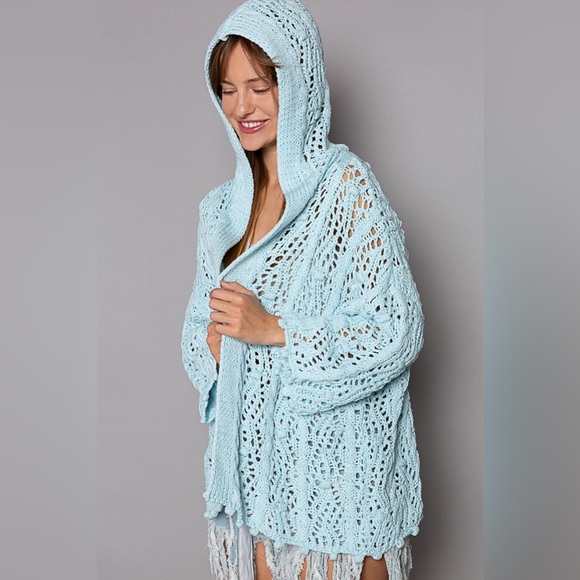 POL Bohemian Baby Blue Crochet Hooded Cardigan | Lightweight Knit Sweater Top - Picture 6 of 6
